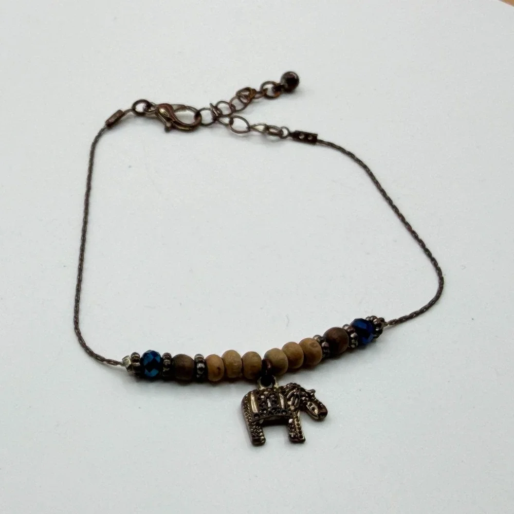 Elephant Charm Bracelet Wood Beads Blue Crystal Boho Bronze Tone Adjustable
